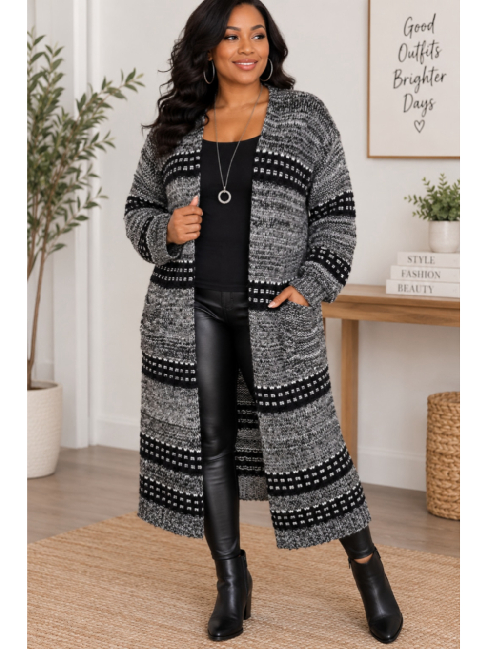 Women's Jealous Tomato Cardigan Sweater M Black White Striped Open Front